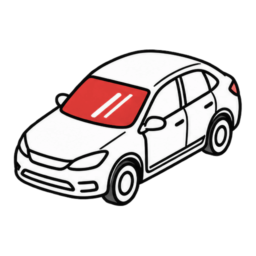 Voiture vue de trois quarts avant, pare-brise mis en évidence