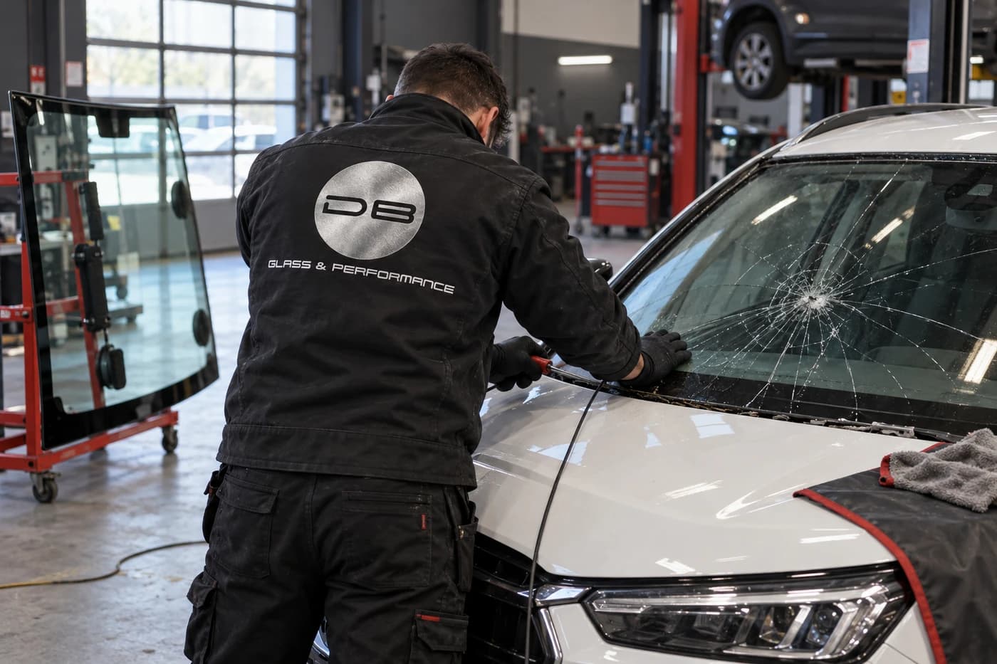 Un technicien de DB Glass & Performance remplace un pare-brise fissuré